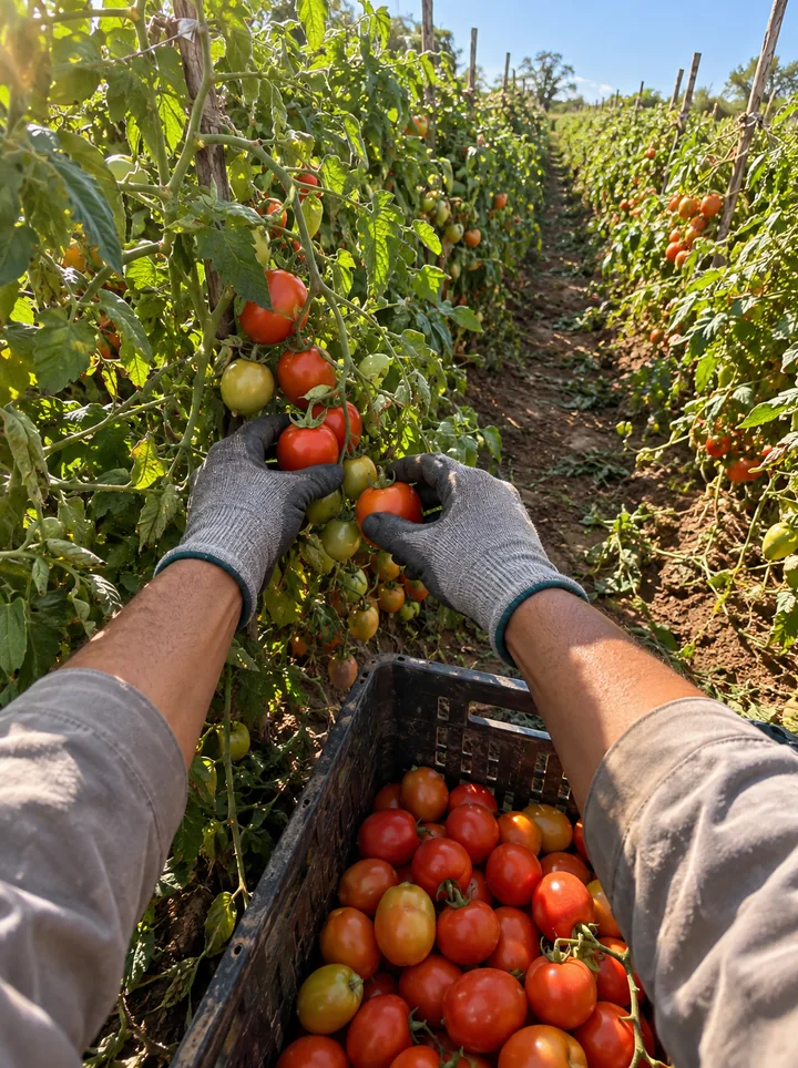 Mãos com luvas colhendo tomates numa caixa, com fileiras de plantas à frente