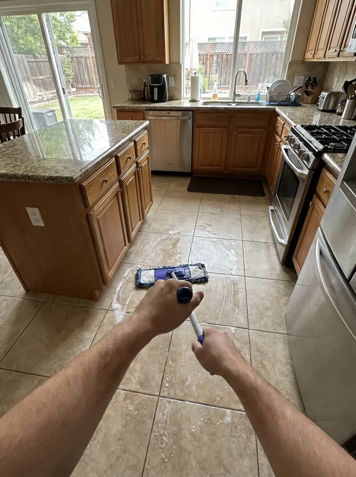 Passando pano no chão de uma cozinha residencial