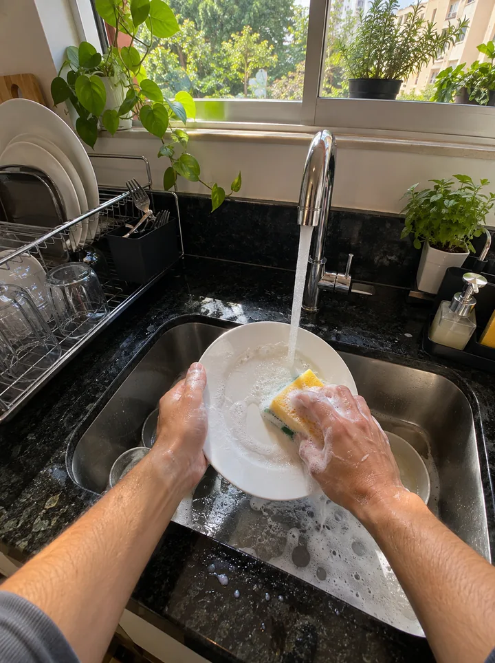 Mãos lavando um prato branco com esponja na pia da cozinha, ao lado de uma janela com plantas