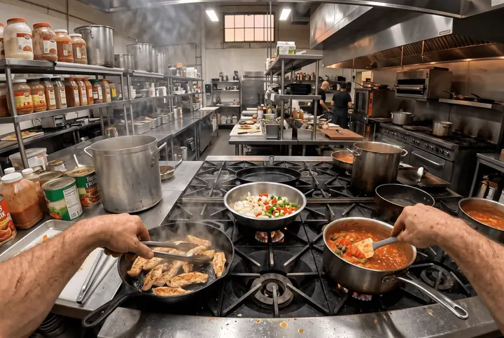 Cozinha comercial em primeira pessoa, com panelas no fogão e cozinheiros trabalhando