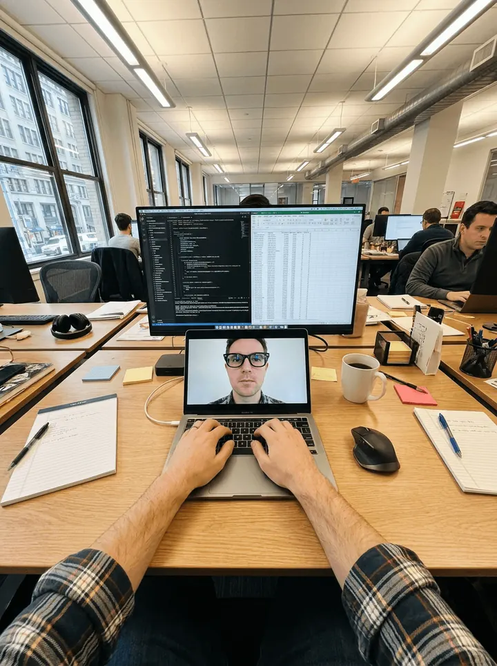 Escritório aberto visto de uma mesa, com monitores e uma chamada de vídeo