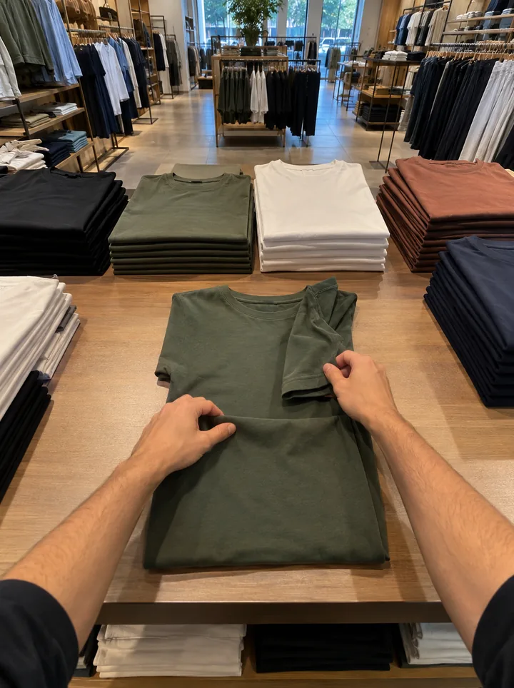 Mãos dobrando uma camiseta numa mesa de exposição de uma loja de roupas