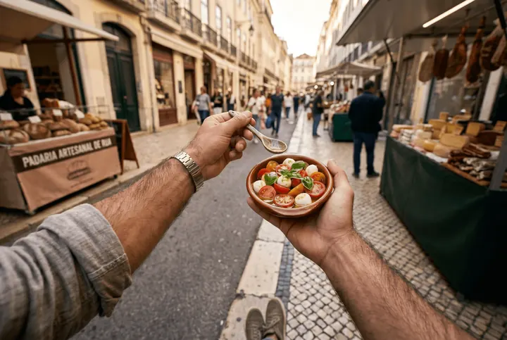 Mão segurando um prato de comida numa rua de mercado movimentada