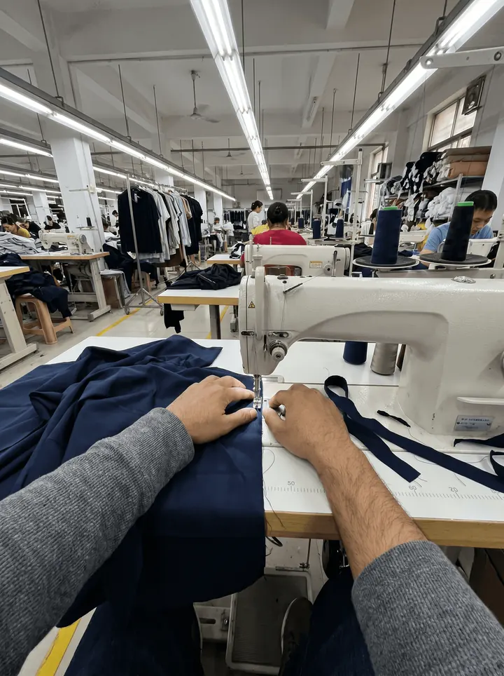 Mãos manuseando tecido numa mesa de costura de uma confecção