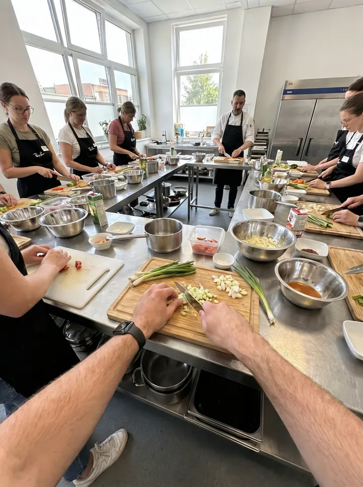 Oficina prática de cozinha, pessoas picando legumes em mesas de inox
